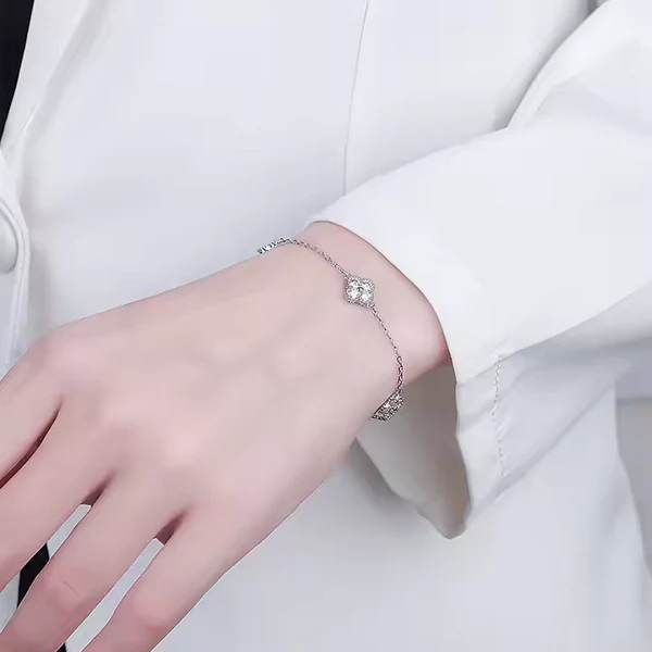 S925 Sterling Silver Moissanite Four-Leaf Clover Bracelet – Exquisite Full Diamond Design | Perfect Gift for Girlfriend