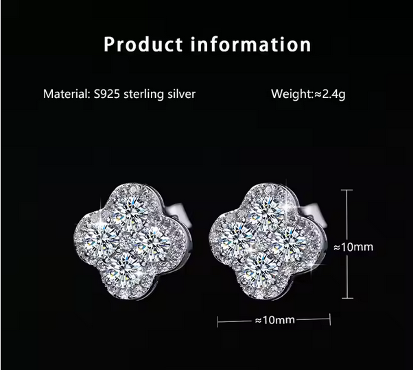 GRA Certified S925 Silver Inlaid Moissanite Four-Leaf Clover Flower Earrings – Elegant & Sparkling