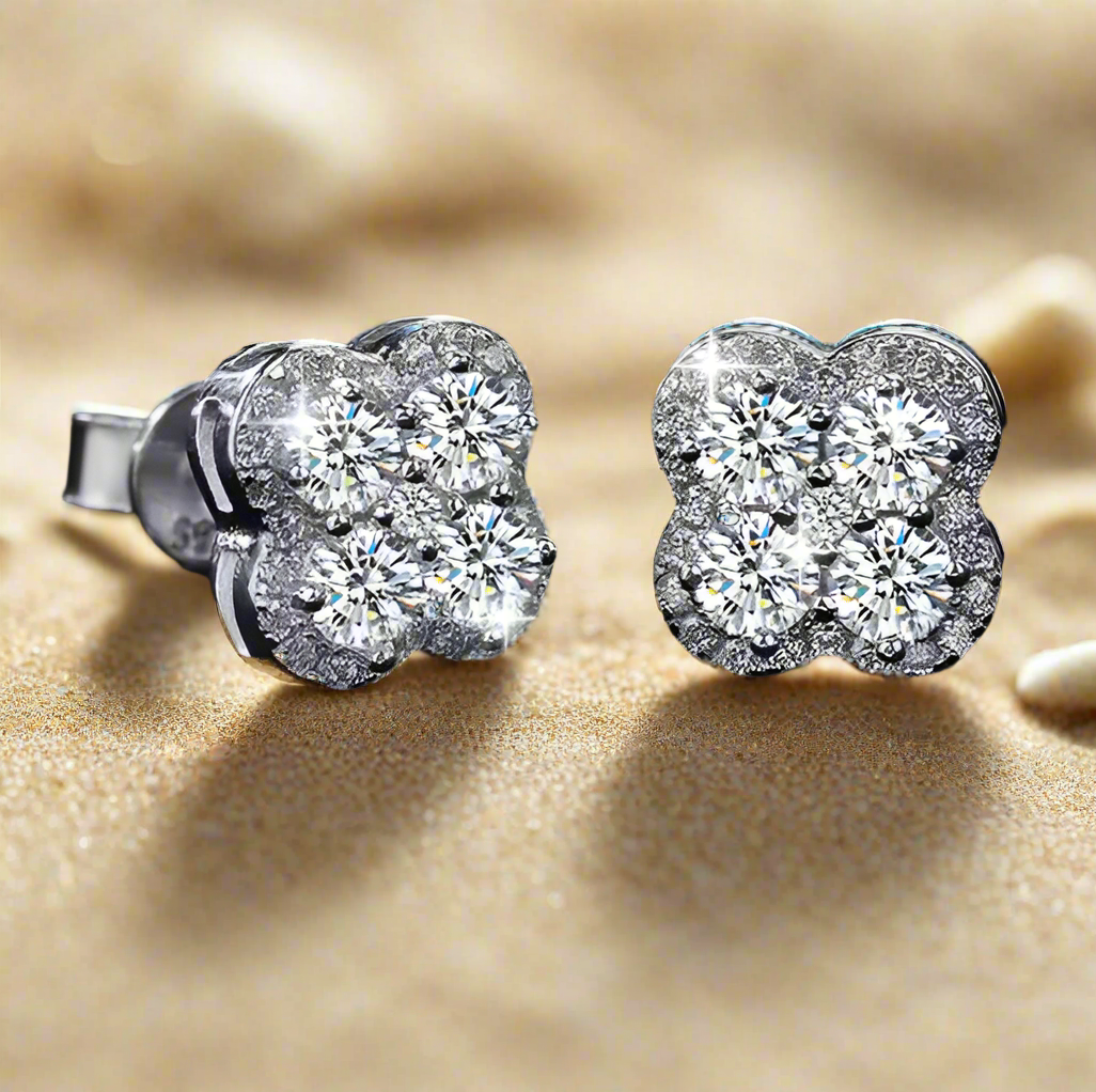 GRA Certified S925 Silver Inlaid Moissanite Four-Leaf Clover Flower Earrings – Elegant & Sparkling