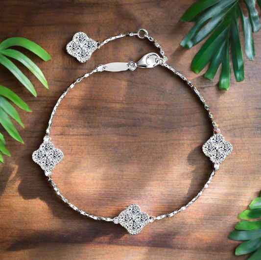 S925 Sterling Silver Moissanite Four-Leaf Clover Bracelet – Exquisite Full Diamond Design | Perfect Gift for Girlfriend